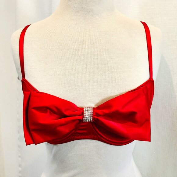 Victoria's Secret Red Satin Bra with Big Bow and Rhinestones Size 32DDD - Picture 1 of 10
